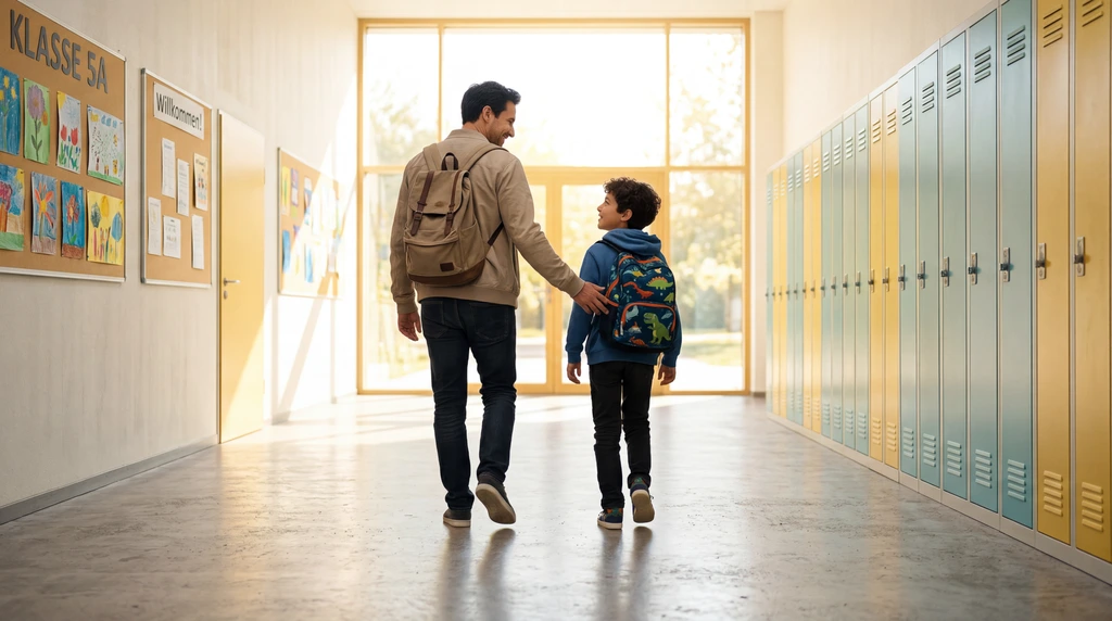 Schulbegleiterin und Kind lesen gemeinsam ein Buch im Klassenzimmer