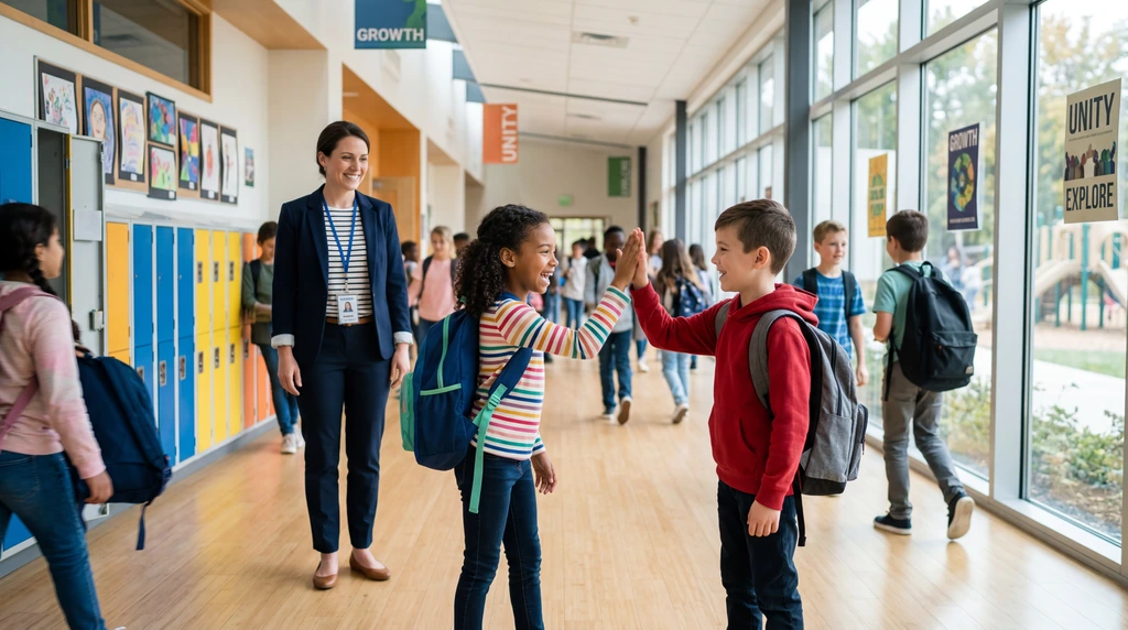 Ein Schulbegleiter geht Hand in Hand mit einem Kind durch einen sonnigen Schulflur, symbolisiert Unterstützung und Zusammenhalt.